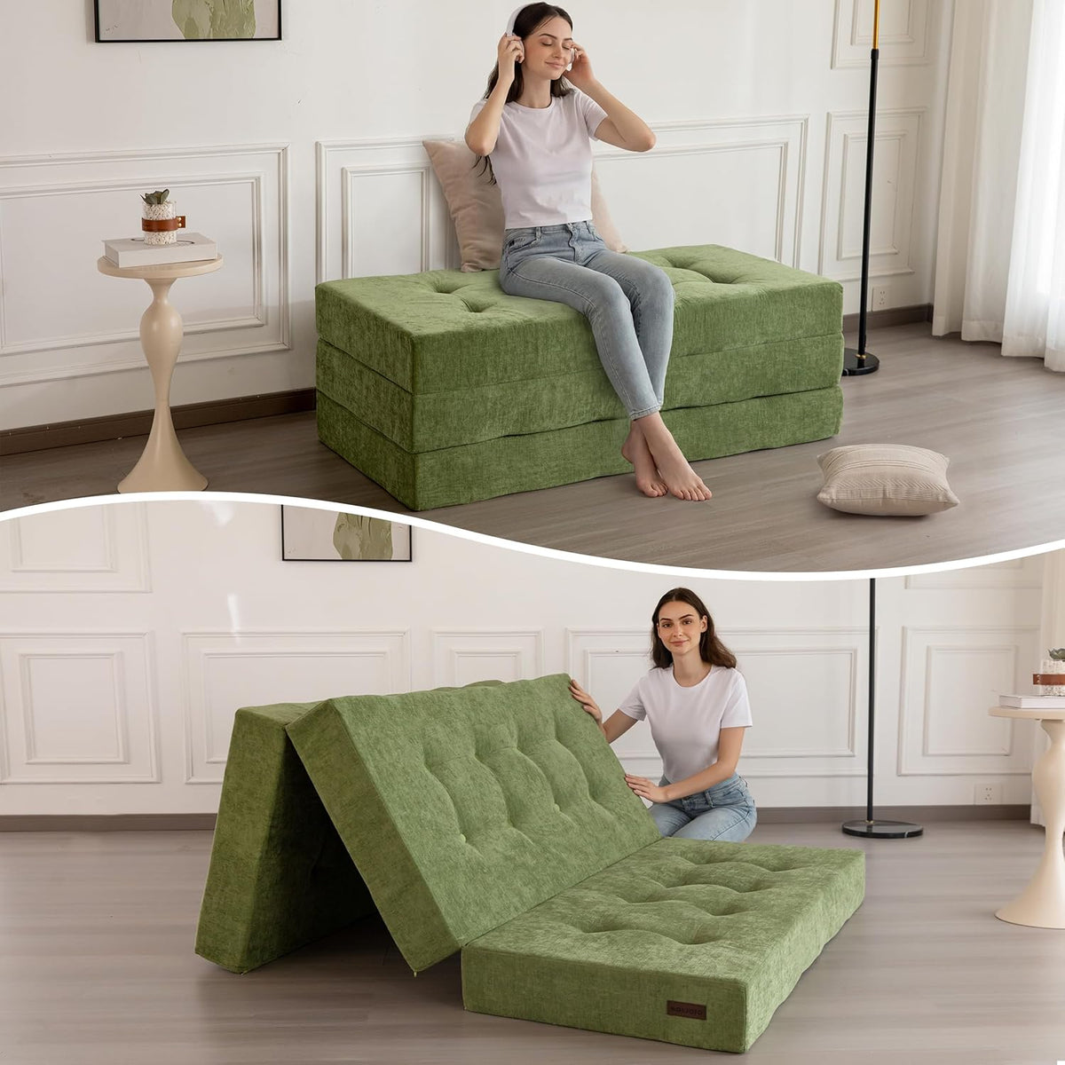 6" Folding Sofa Bed for Floor, Tufted Tri-Fold Floor Mattress