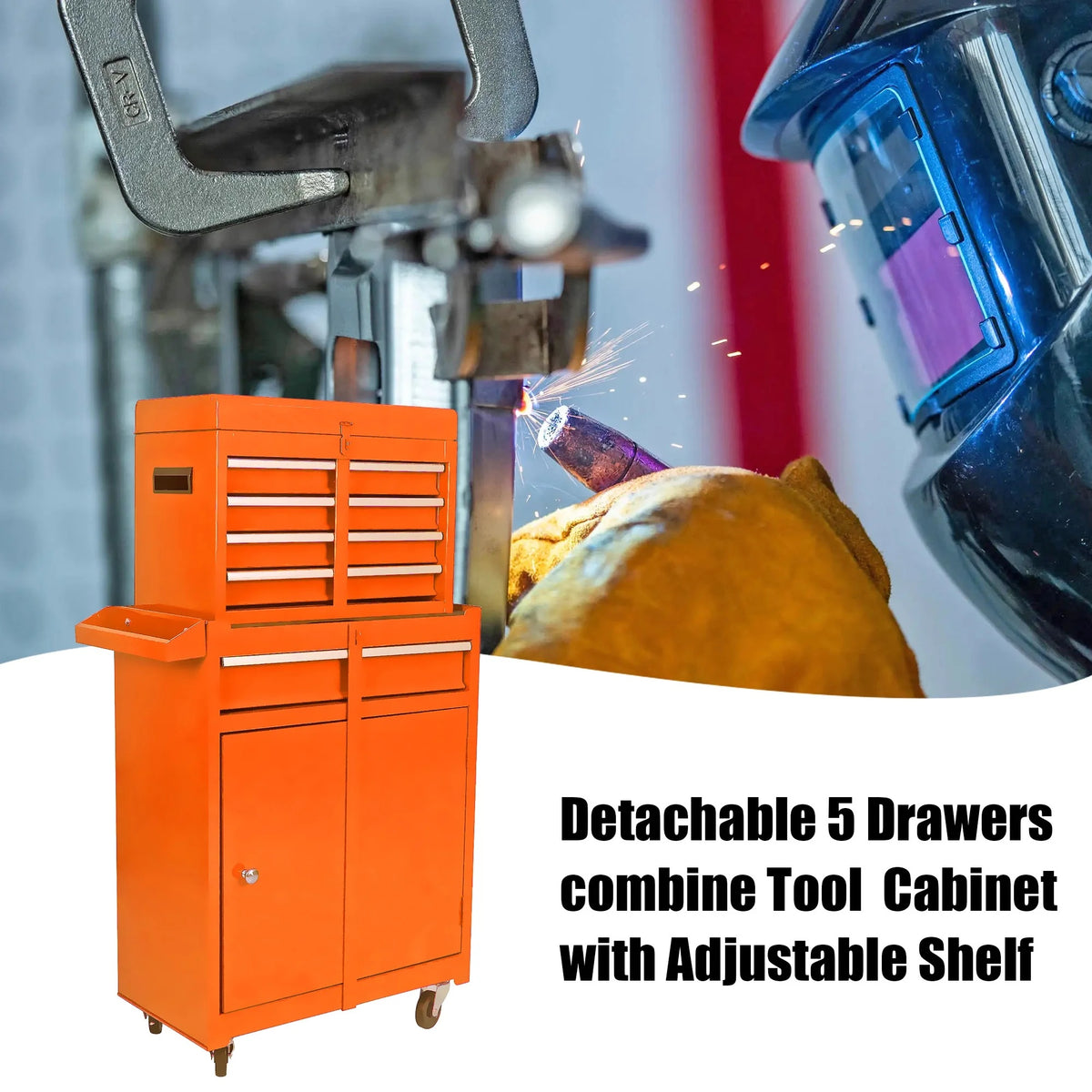 5-Drawer Rolling Tool Chest & Removable Tool Box with Locking System, Tool Box Organizer with 4 Wheels&Hooks, Large Capacity Garage Storage Cabinet for Warehouse and Repair Shop, Orange