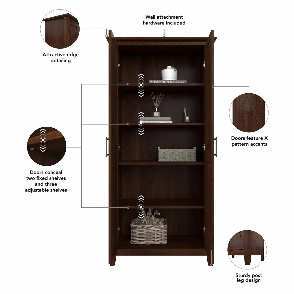 Key West Tall Storage Cabinet with Doors in Bing Cherry - Engineered Wood