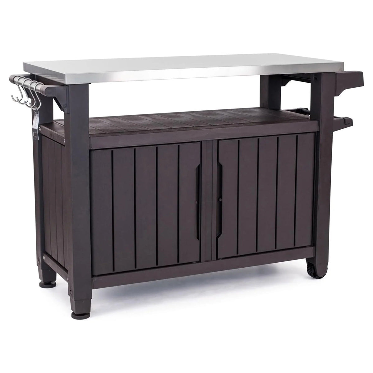 Keter Unity XL Outdoor Kitchen Bar Rolling Cart with Storage Cabinet, Brown