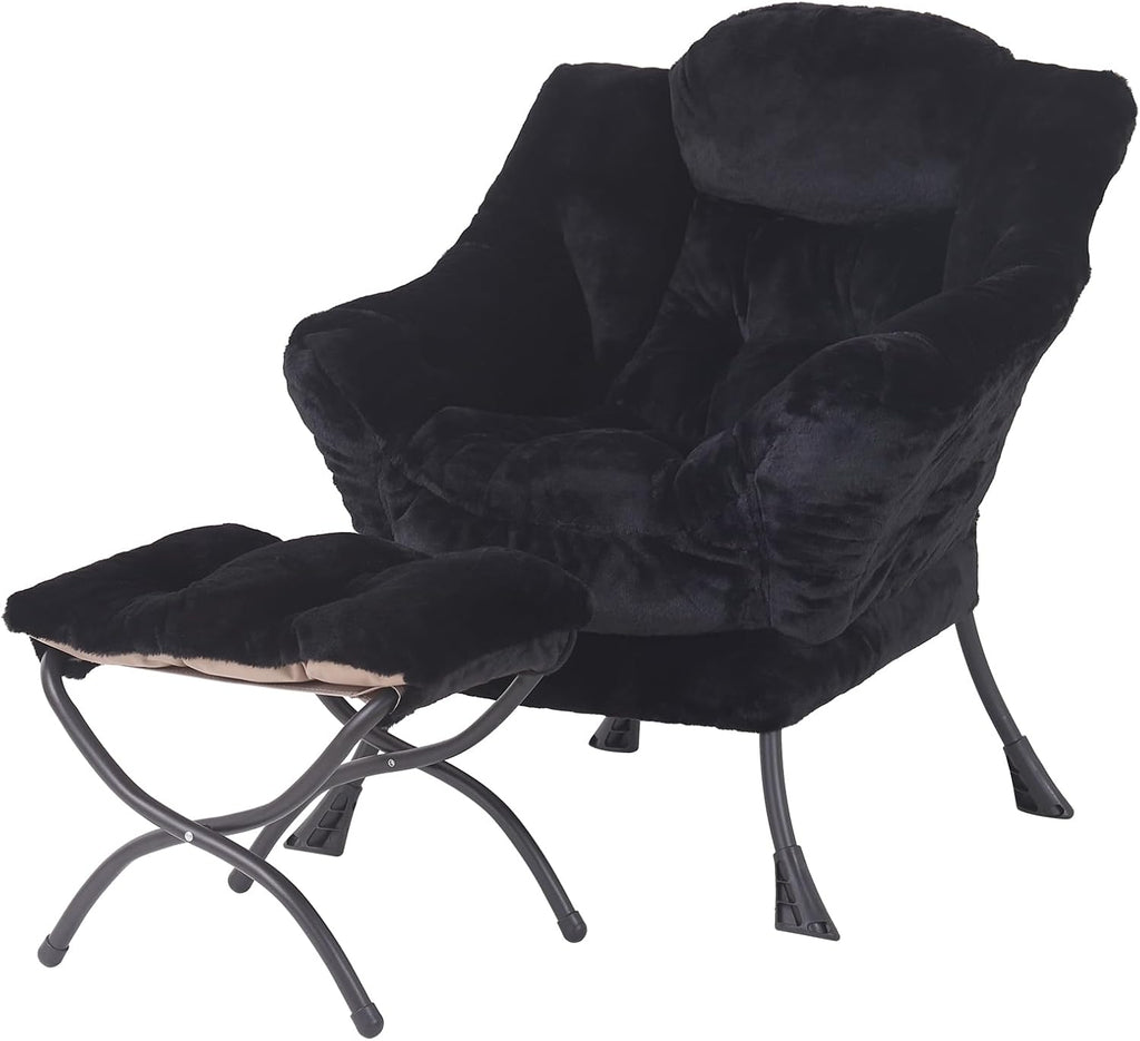 Lazy Chair with Ottoman, Reading Chair with Footrest, Dark Grey