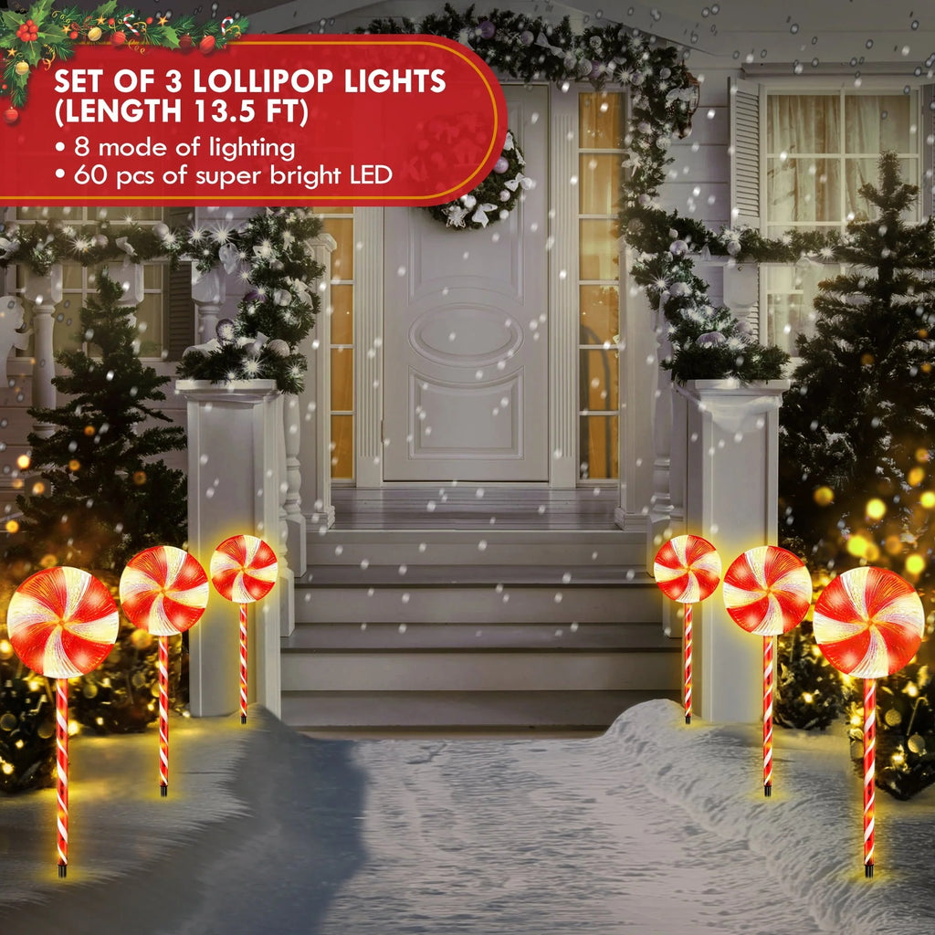 Set of 3 28inch Christmas Pathway Light Lollipop 8 Lighting Modes Flickering Candy Marker Waterproof Outdoor Christmas Decor Light