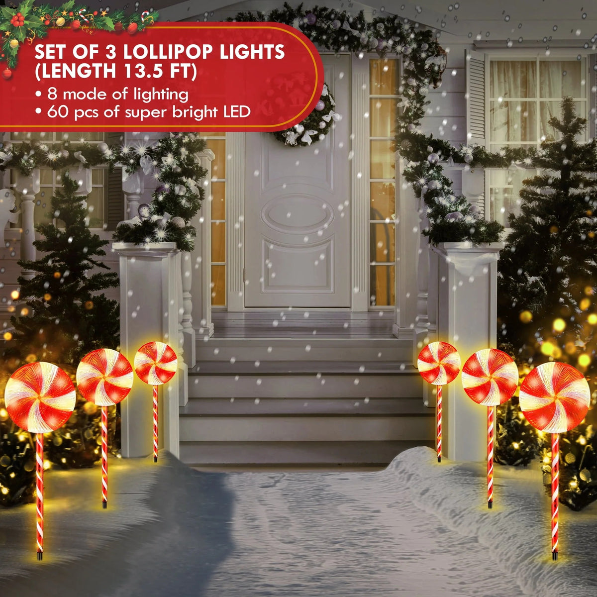 Set of 3 28inch Christmas Pathway Light Lollipop 8 Lighting Modes Flickering Candy Marker Waterproof Outdoor Christmas Decor Light