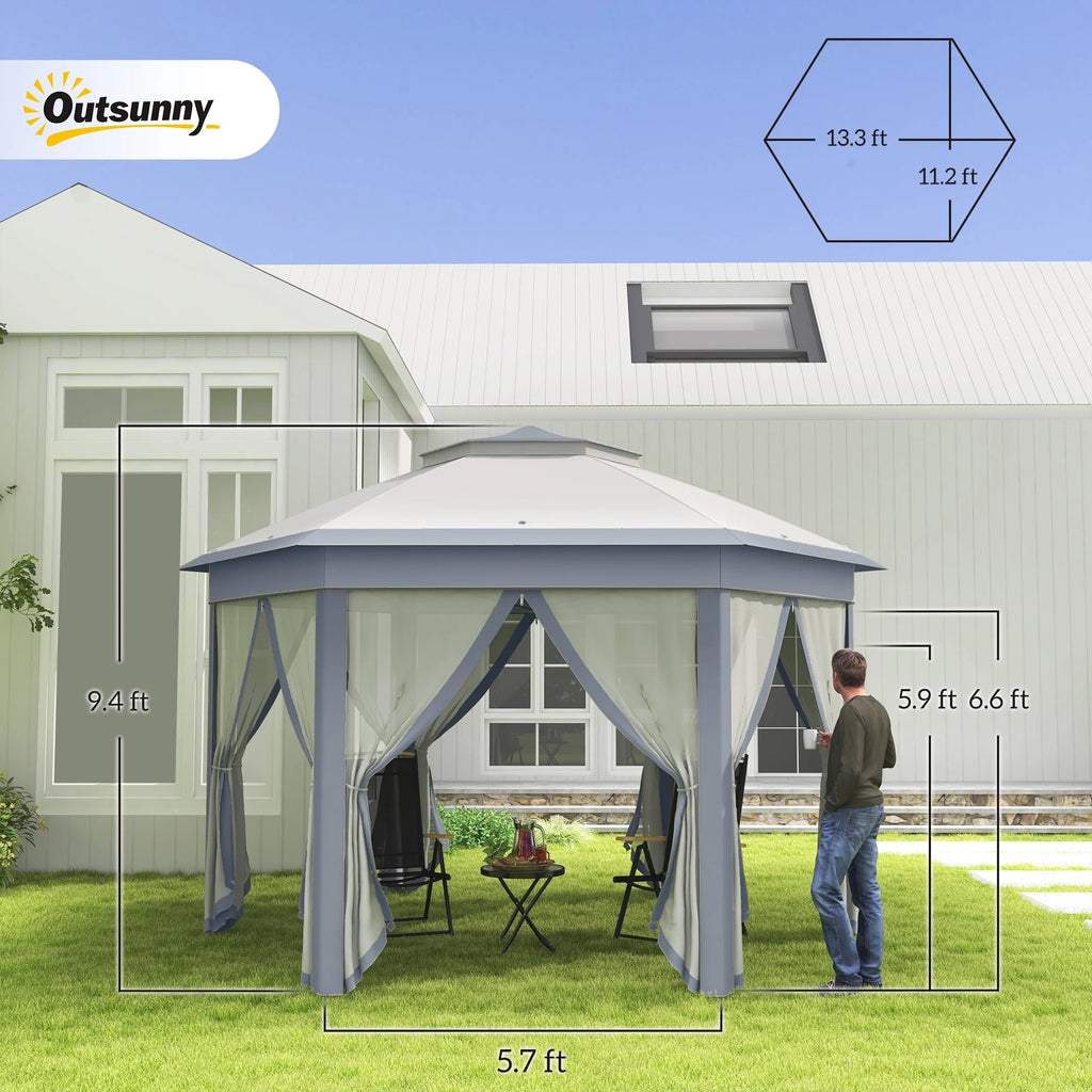 Outsunny 13' x 13' Pop Up Gazebo Hexagonal Canopy with 6 Zippered Mesh Netting, 2-Tier Roof Event Tent with Steel Frame for Patio Backyard, Gray
