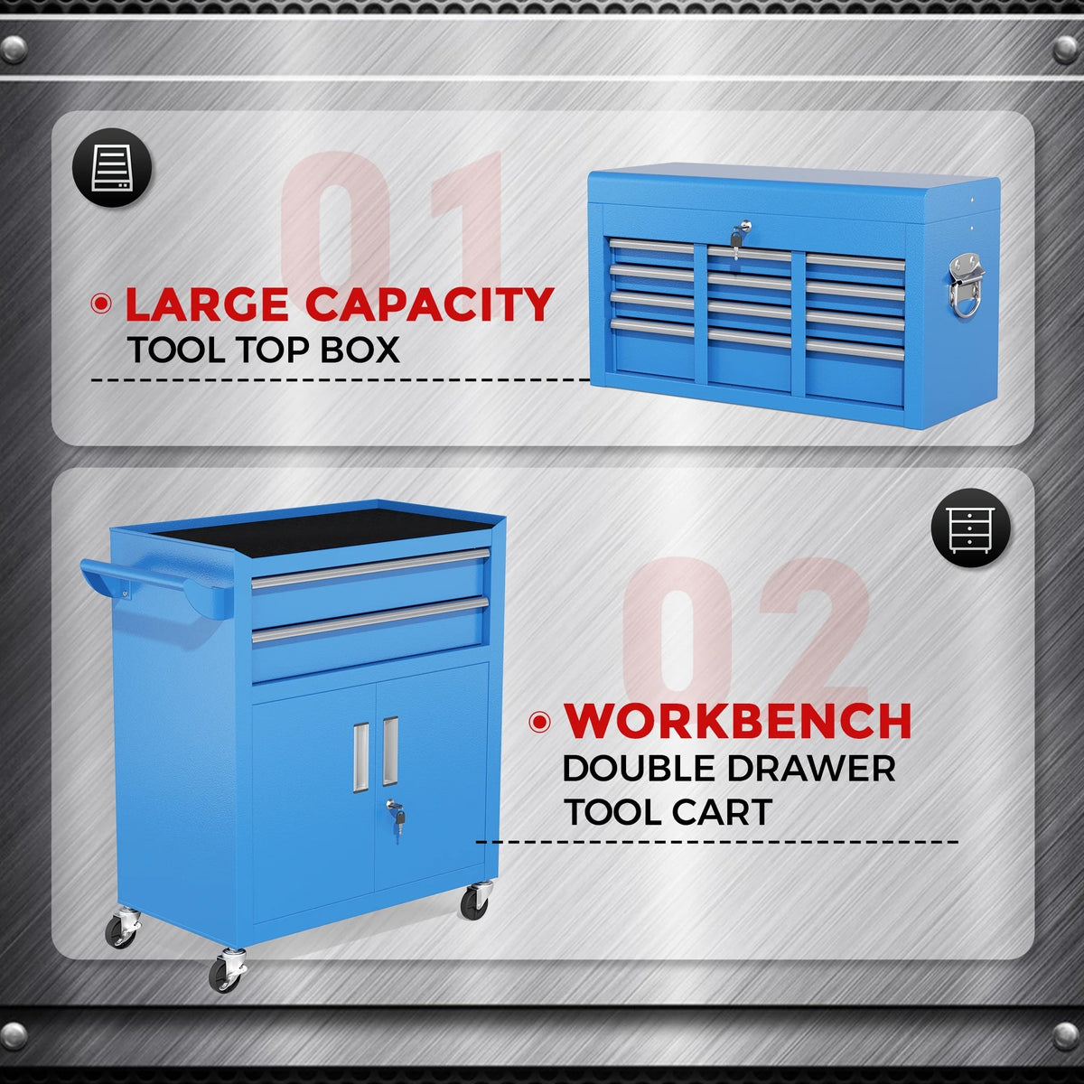 SUNCROWN 2-IN-1 Tool Chest, 8-Drawer Rolling Tool Chest with Hooks and Lockable Wheels,Metal Storage Detachable Top Tool Box with Lockable Wheels for Garage, Workshop, Art Studio(Black)