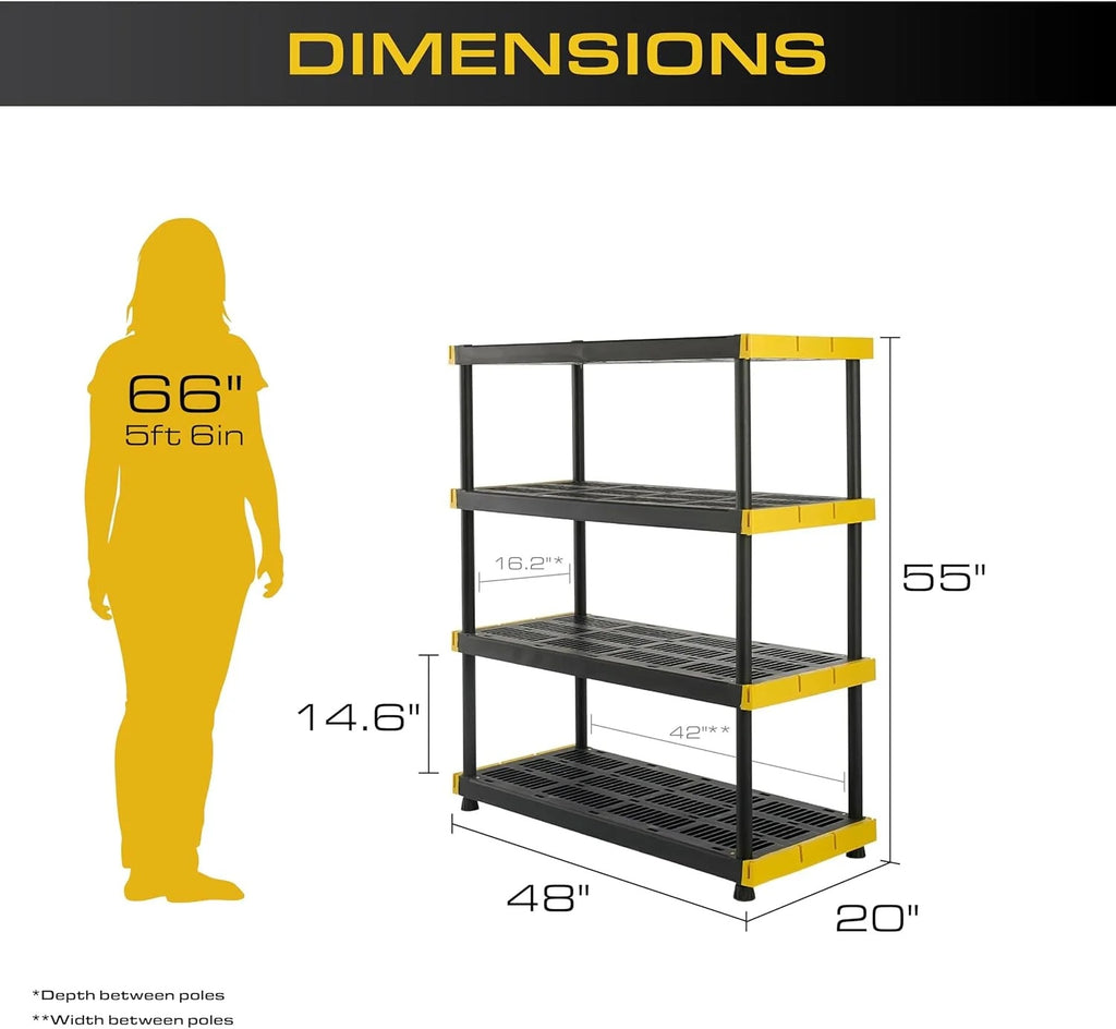 TDUKDB Black and Yellow, 4-Tier Heavy Duty Plastic Storage Shelving Unit, 200lbs/shelf (55-H x 48-W x 20-D), for Indoor/Outdoor Organization, Modular Rack