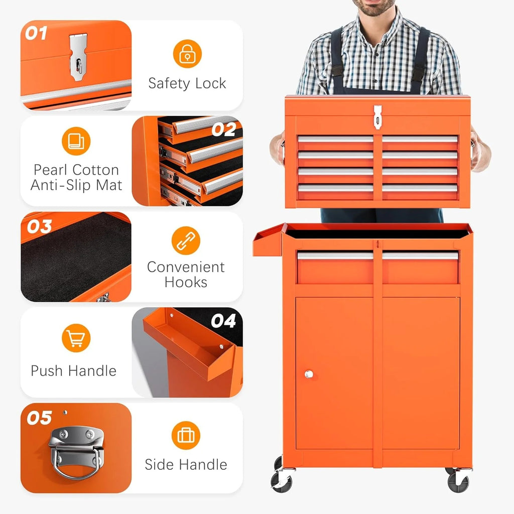 SUNCROWN 2-IN-1 Tool Chest, 8-Drawer Rolling Tool Chest with Hooks and Lockable Wheels,Metal Storage Detachable Top Tool Box with Lockable Wheels for Garage, Workshop, Art Studio(Black)