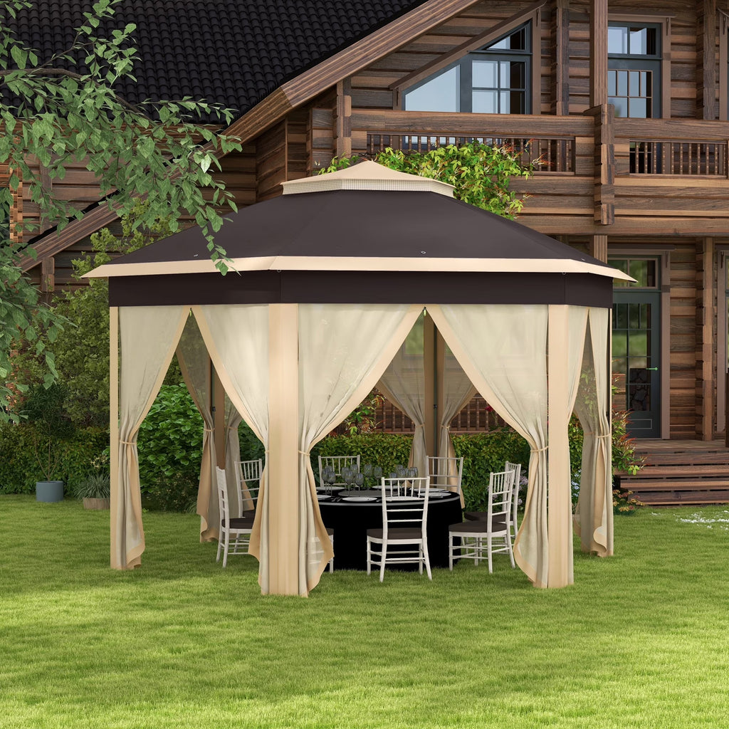 Outsunny 13' x 13' Pop Up Gazebo Hexagonal Canopy with 6 Zippered Mesh Netting, 2-Tier Roof Event Tent with Steel Frame for Patio Backyard, Gray