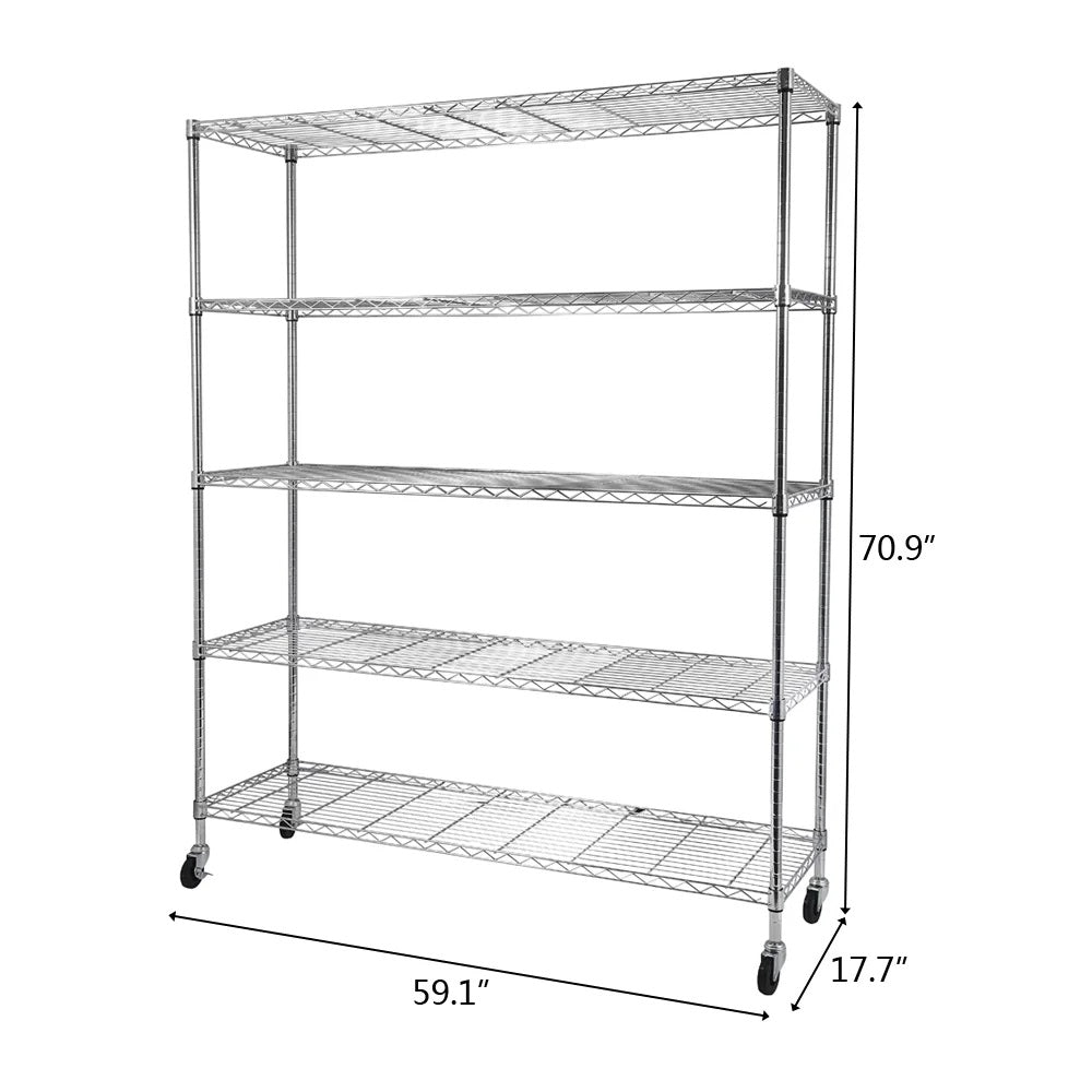 Tcbosik 5-Tier Heavy Duty Metal Storage Rack, NSF Certified Rolling Wire Shelving Unit with Adjustable Shelves for Home Office, Silver