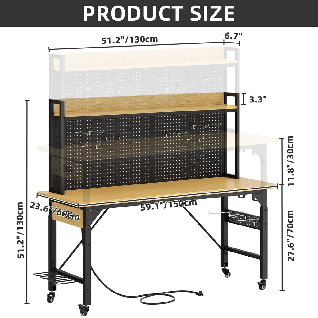 DEXTRUS Multifunctional Workbench with Wheels, 59.1" x 23.6" with Pegboard Worktable w/ Power Outlets, A3 Steel Work Bench For Garage max. Heavy Duty Workbench 2000lbs Weight Capacity