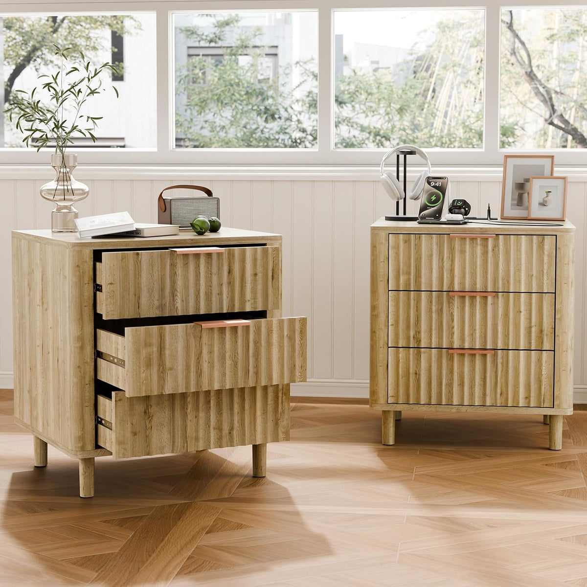 Fluted Nightstand with Charging Station, 2 Drawers Oak