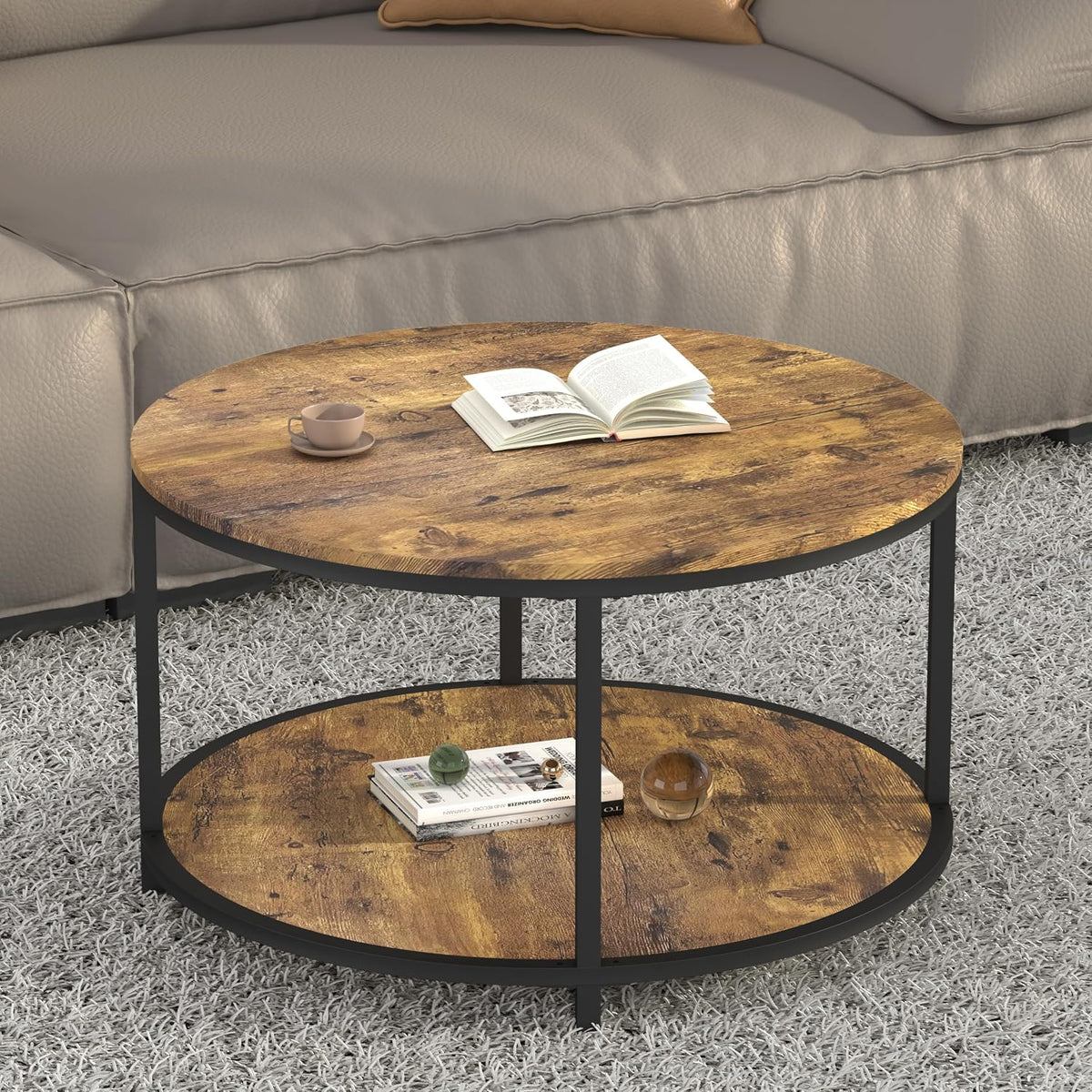 Round Coffee Table, 36" Coffee Table for Living Room, 2-Tier Rustic Wood Desktop with Storage Shelf, Modern Design Home Furniture (Light Walnut)