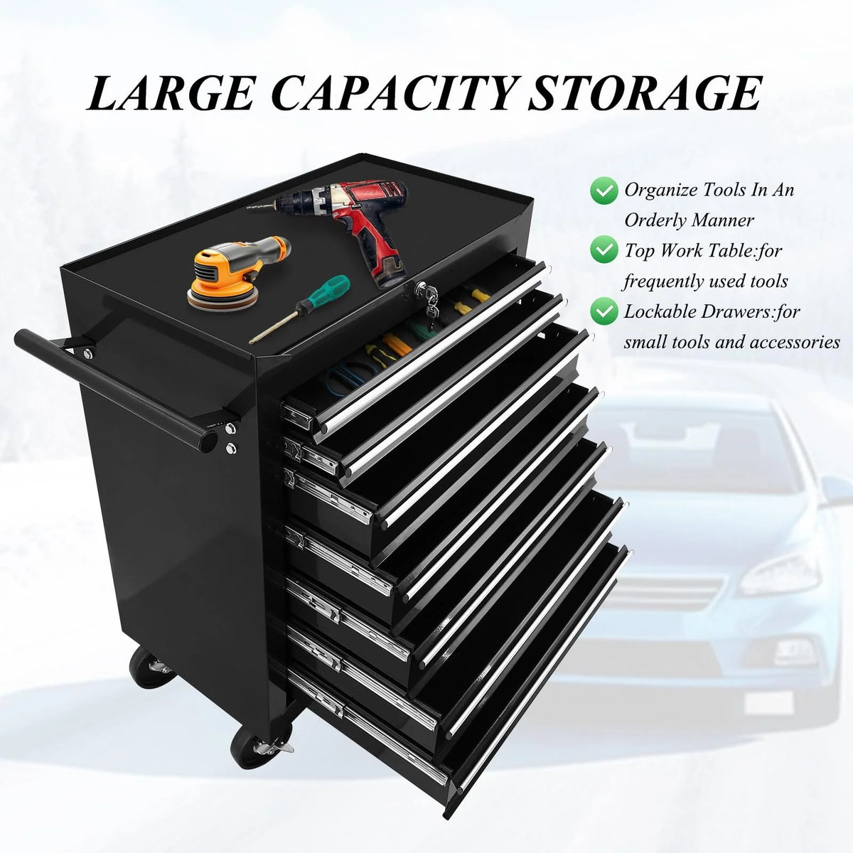 Pinypikaka 7 Drawer Rolling Tool Chest on Wheels, Lockable Tool Box, Removable Storage Case for Garage, Workshop and Craftsmen