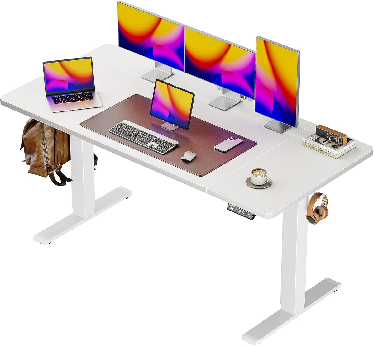 55 x 28 Large Electric Standing Desk, Height Adjustable Computer Desk, 27.6" Deep Desktop, Stand up Gaming Office Desk with 2 Hooks, 3 Preset Heights, for Home Office, Rustic Brown