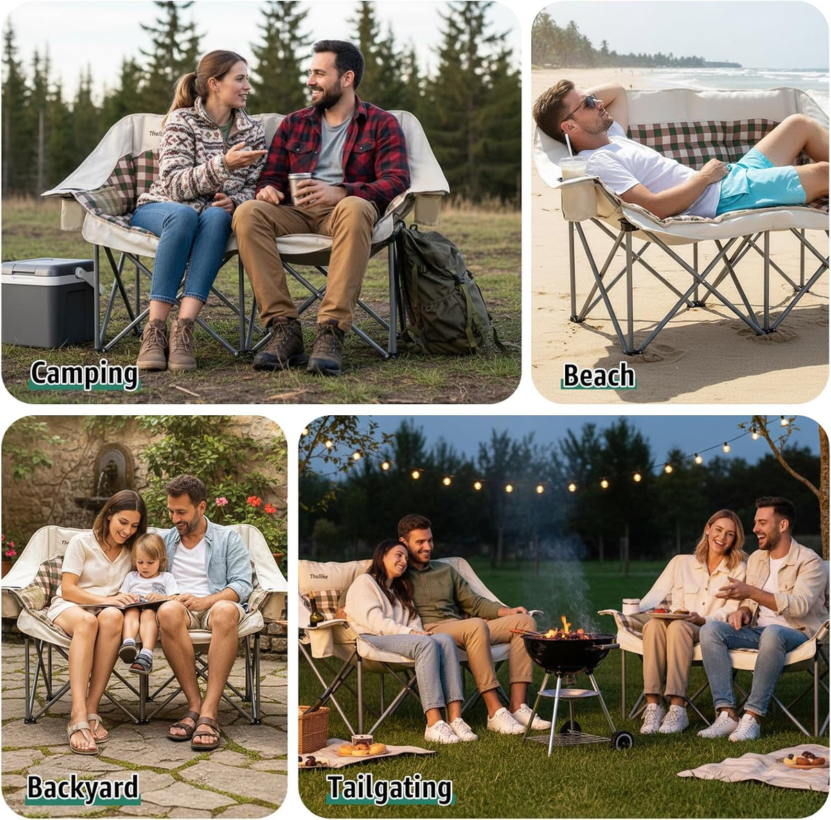 Double Camping Chair, Oversized 2 Person Camp Chairs with Cup Holders Side & Backrest Mesh Pockets Padded Loveseat Camping Chair Foldable for Outdoor Lawn Backyard Beach Support 800LB