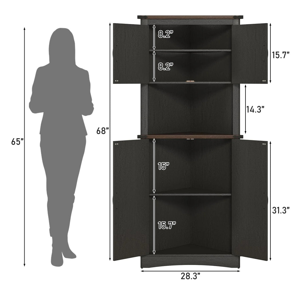 Blotout 68" Tall Farmhouse Corner Cabinet with 4 Doors, 28.3" W Barn Door Storage Cabinet with Adjustable Shelves, 5 Tier Corner Storage Cabinet for Bathroom,Living Room,Kitchen