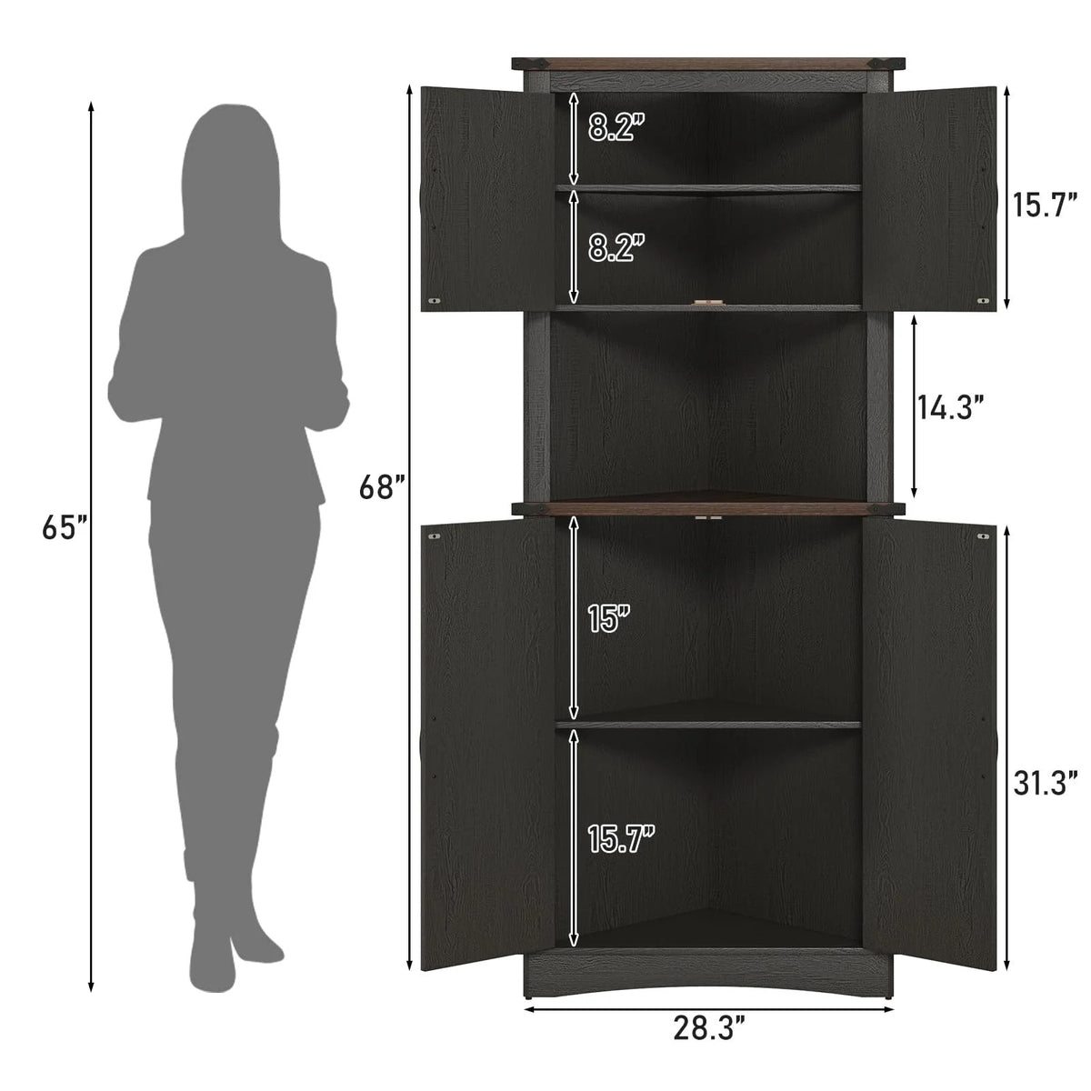 Blotout 68" Tall Farmhouse Corner Cabinet with 4 Doors, 28.3" W Barn Door Storage Cabinet with Adjustable Shelves, 5 Tier Corner Storage Cabinet for Bathroom,Living Room,Kitchen