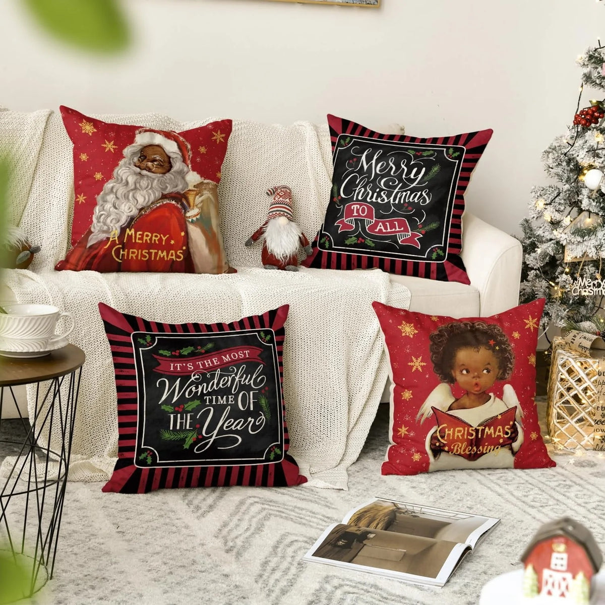 Artoid Mode Merry Christmas Santa Claus Angel Girl Xmas Pillow Covers 4-Pack 18 x 18 Red Black Square Decorative Winter Farmhouse Outdoor Throw Pillow Case