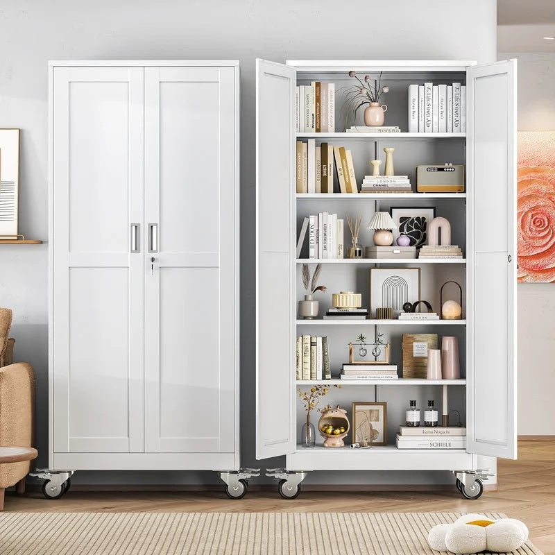 Erosoei 75"H Metal Garage Storage Cabinet with Wheels, Tool Storage Cabinet with 5 Adjustable Shelves