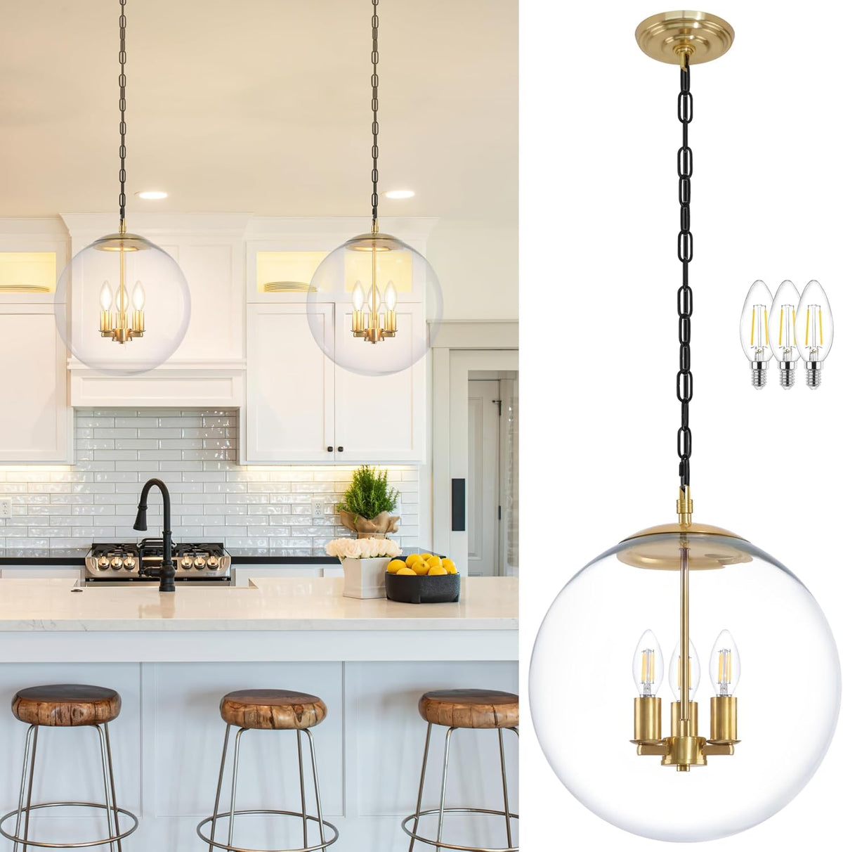 14" Gold Globe Pendant Light, Mid Century Pendant Light, Clear Glass Pendant Lights, Kitchen Island Adjustable Hanging Light Fixture for Dining Room, Bedroom, Kitchen Island
