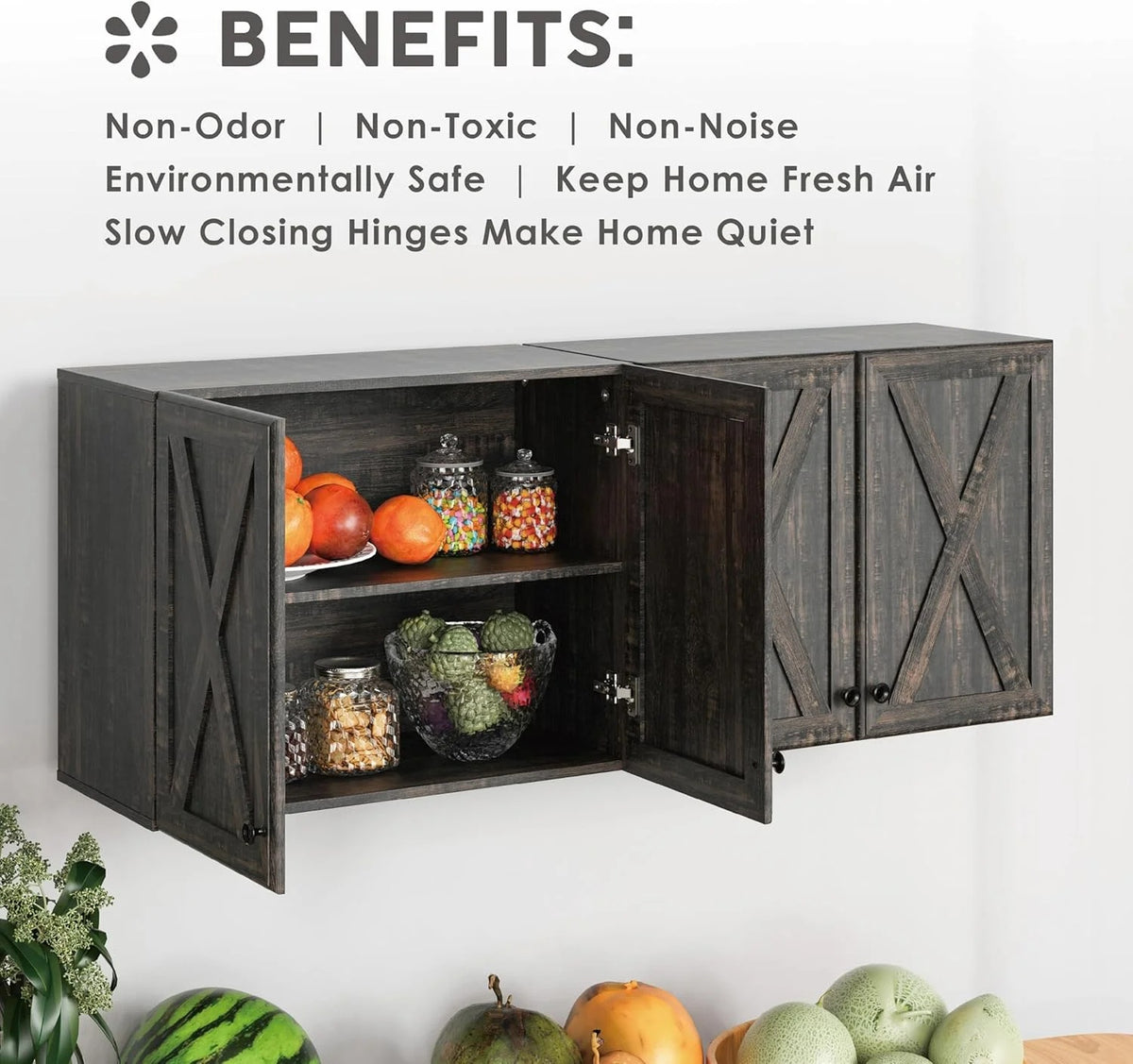 Wall Storage Cabinets - Farmhouse Kitchen Laundry White Wall Mounted Cabinets with 3 Doors and Shelves, 35inch Wide