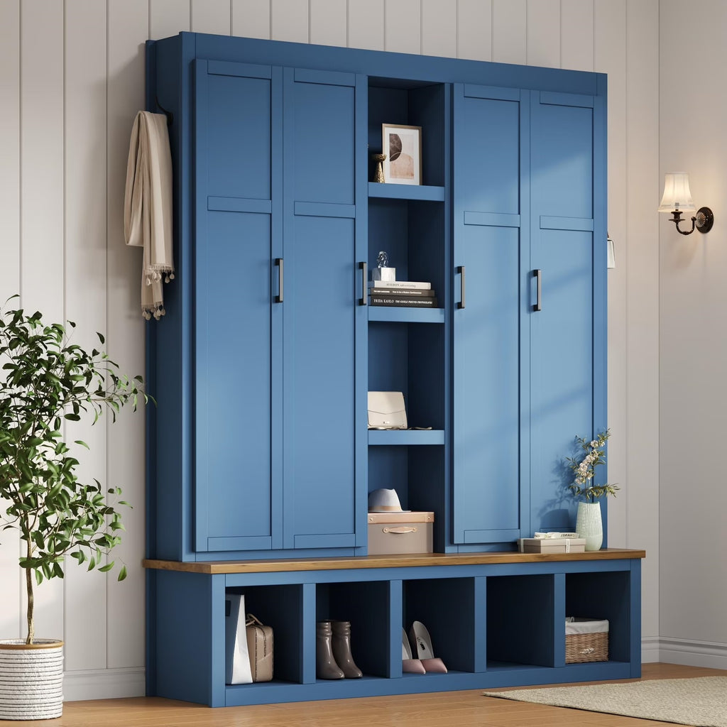 Euroco Modern Farmhouse Hall Tree -C 4-in-1 Entryway Bench with Cabinets, Hooks & Shoe Storage, Wood-Grain Finish, Handles, Anti-Tip Safety