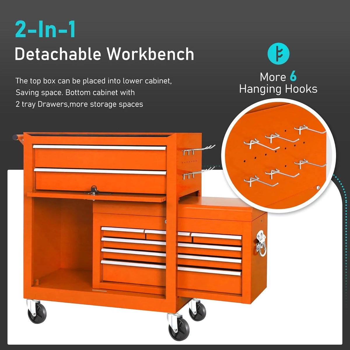 SUNCROWN 2-IN-1 Tool Chest, 8-Drawer Rolling Tool Chest with Hooks and Lockable Wheels,Metal Storage Detachable Top Tool Box with Lockable Wheels for Garage, Workshop, Art Studio(Black)