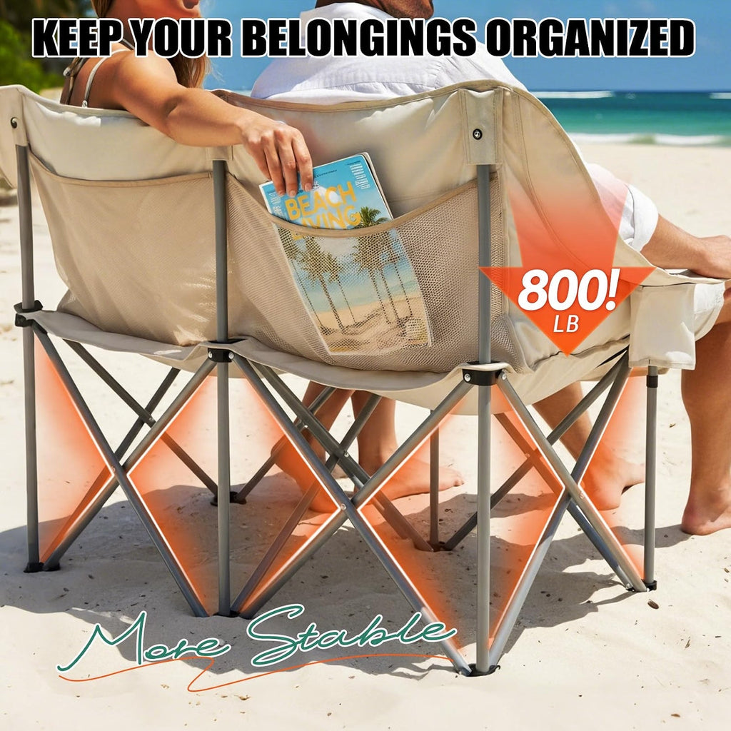 Double Camping Chair, Oversized 2 Person Camp Chairs with Cup Holders Side & Backrest Mesh Pockets Padded Loveseat Camping Chair Foldable for Outdoor Lawn Backyard Beach Support 800LB