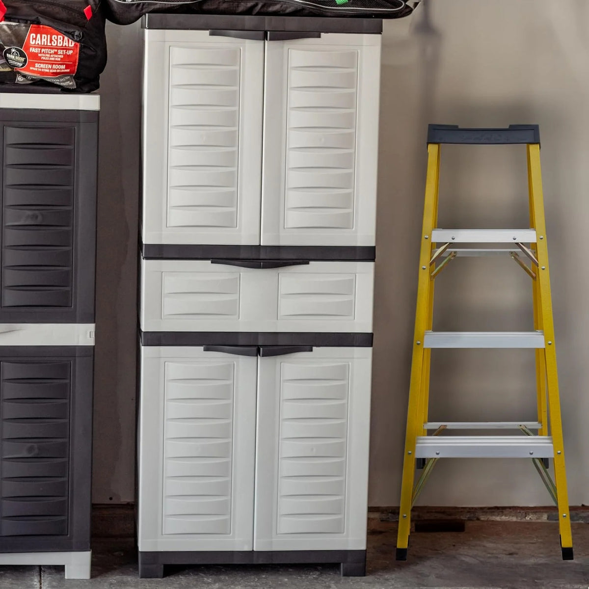 Plastic Garage Storage Cabinet with 2 Adjustable Shelves - 57" H - Garage, Office, Home, Laundry Room - Gray with Charcoal Trim