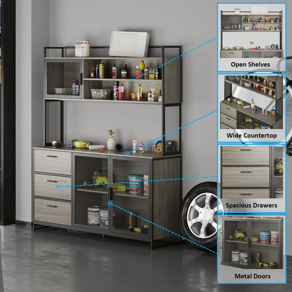 WIAWG Garage Cabinet with 3 Drawers and Metal Mesh Door, Industrial Mutifunctional Tool Storage Cabinet for Warehouse, Basement, Home Office (Walnut)