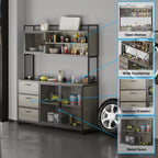 WIAWG Garage Cabinet with 3 Drawers and Metal Mesh Door, Industrial Mutifunctional Tool Storage Cabinet for Warehouse, Basement, Home Office (Walnut)
