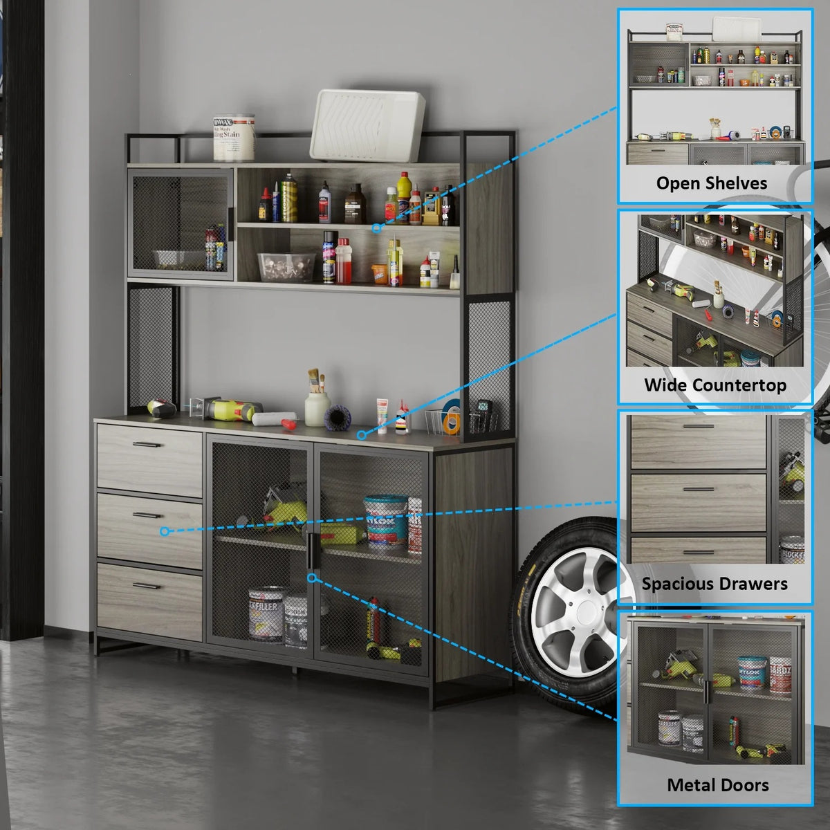 WIAWG Garage Cabinet with 3 Drawers and Metal Mesh Door, Industrial Mutifunctional Tool Storage Cabinet for Warehouse, Basement, Home Office (Walnut)