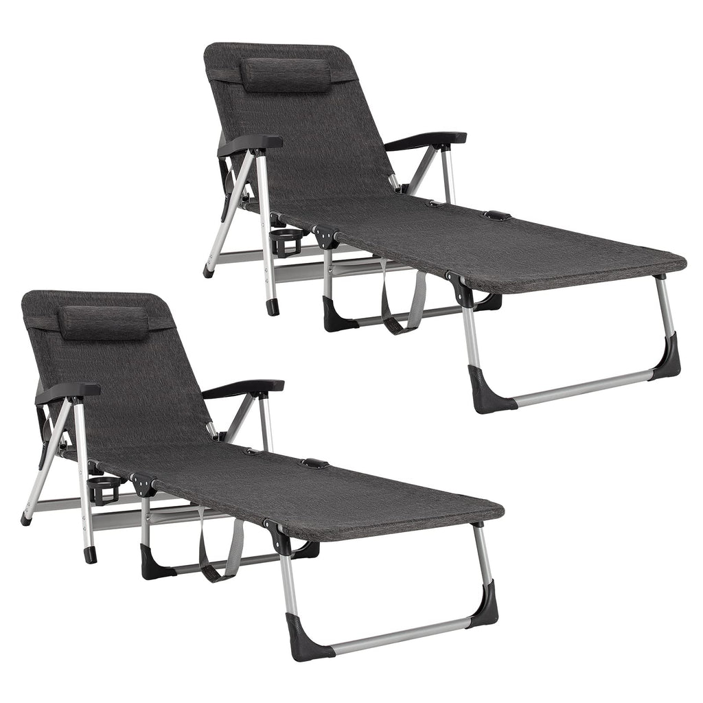 Folding Outdoor Chaise Lounge Chair with Cup Holder and Detachable Headrest