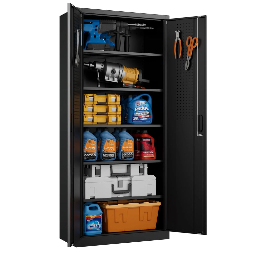 GangMei 71 Inches Tall Metal Garage Storage Cabinets with 5 Adjustable Shelves & Pegboards, Lockable Steel Black Storage Cabinet with Doors for Office, Home, School, Shops, Garage, Assembly required
