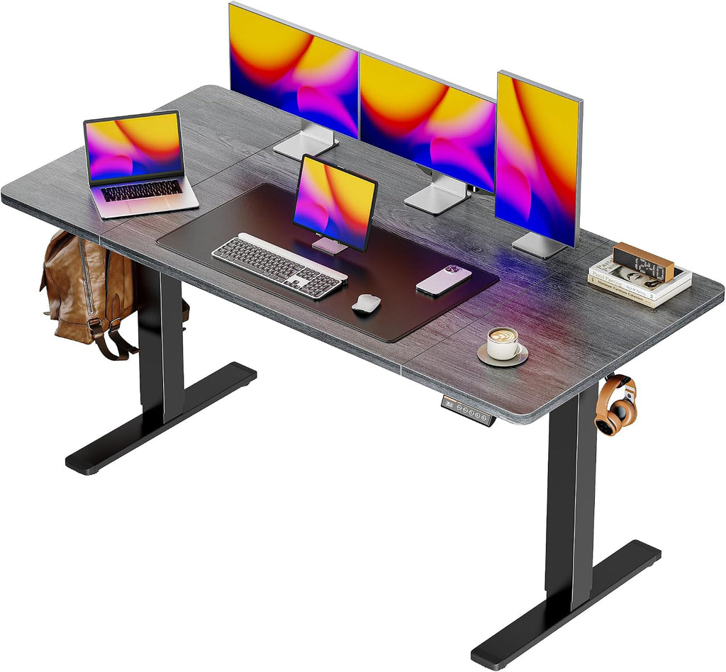 55 x 28 Large Electric Standing Desk, Height Adjustable Computer Desk, 27.6" Deep Desktop, Stand up Gaming Office Desk with 2 Hooks, 3 Preset Heights, for Home Office, Rustic Brown