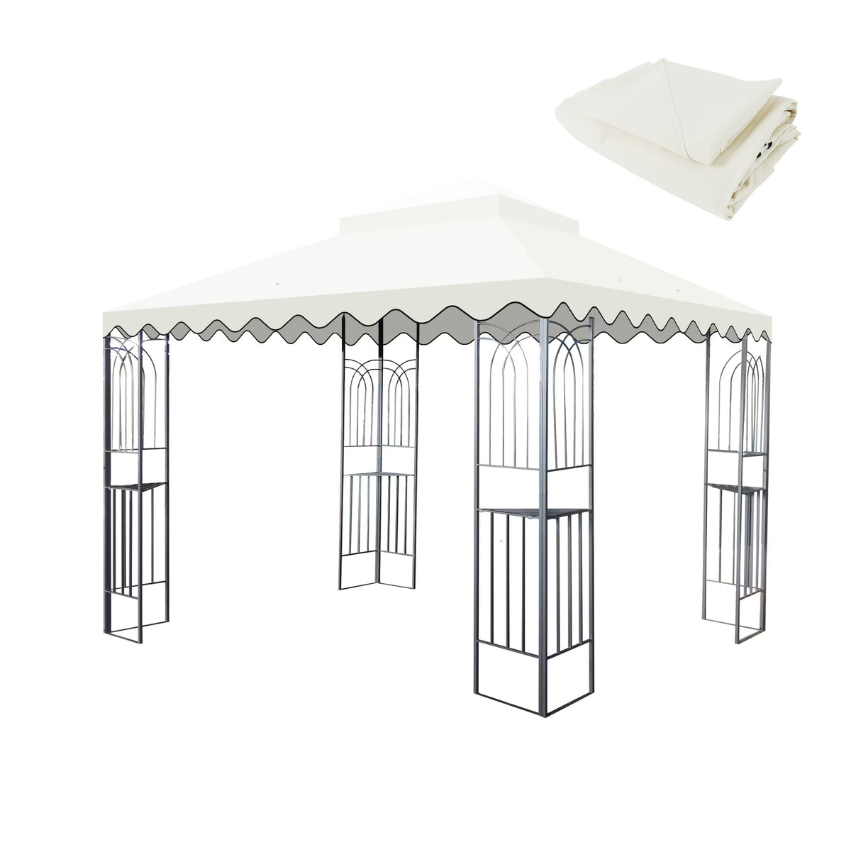 10x10 Ft Outdoor Patio Gazebo Replacement Canopy,Double Tiered Gazebo Tent Roof Top Cover Only wavy border(Frame Not Include)-Beige