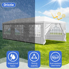 10'x30' White Outdoor Party Tent Gazebo - Waterproof PE Canopy with 8 Removable Sidewalls & Windows, Heavy Duty Iron Frame for Weddings, Events, Patios & Backyards