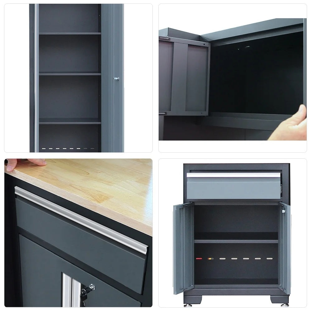 HPDMC Garage Storage Cabinet System 9-Pcs Workshop Set Metal Garage Cabinets and Storage System with Steel Cabinet Drawers, Rolling Chest, Workbench, Pegboard for Garage Tool Organization