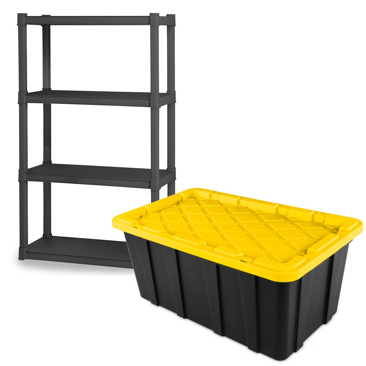 Sterilite 4 Shelf Plastic Storage Unit & 4 Pack 38 Gal Totes & 6 Pack 27 Gal Totes