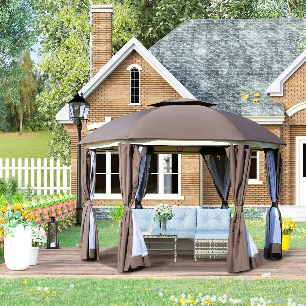 Topcobe 12' x 12' Round Outdoor Canopy Tent, Patio Dome Canopy Tent Canopy Shelter with Double Roof, Curtains, Zippered Doors, Strong Steel Frame, Outdoor Canopy, Shade Canopy, Patio Canopy, Brown