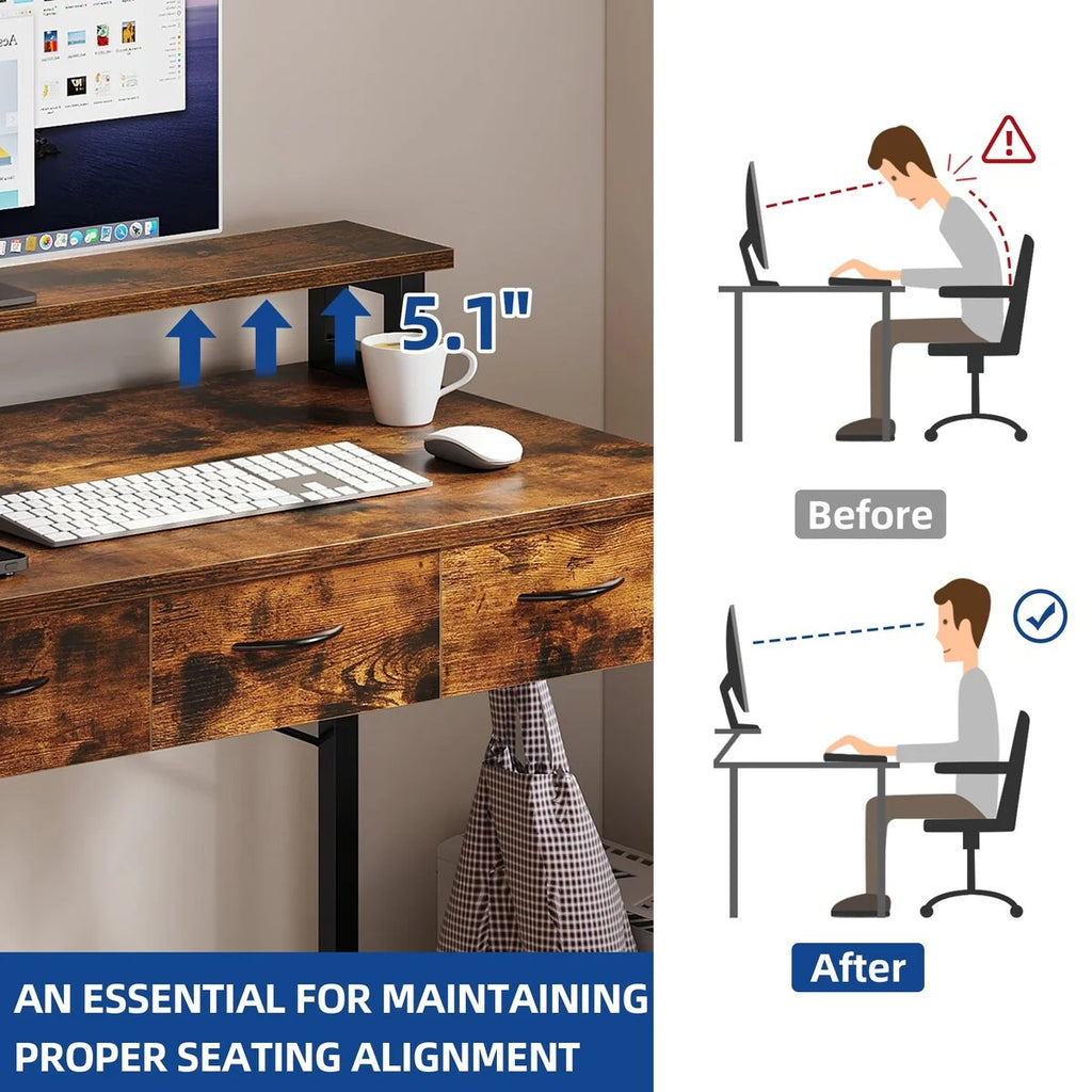 Small Computer Desk with Fabric Drawers and Monitor Stand, Compact Home Office Workstation for Small Spaces