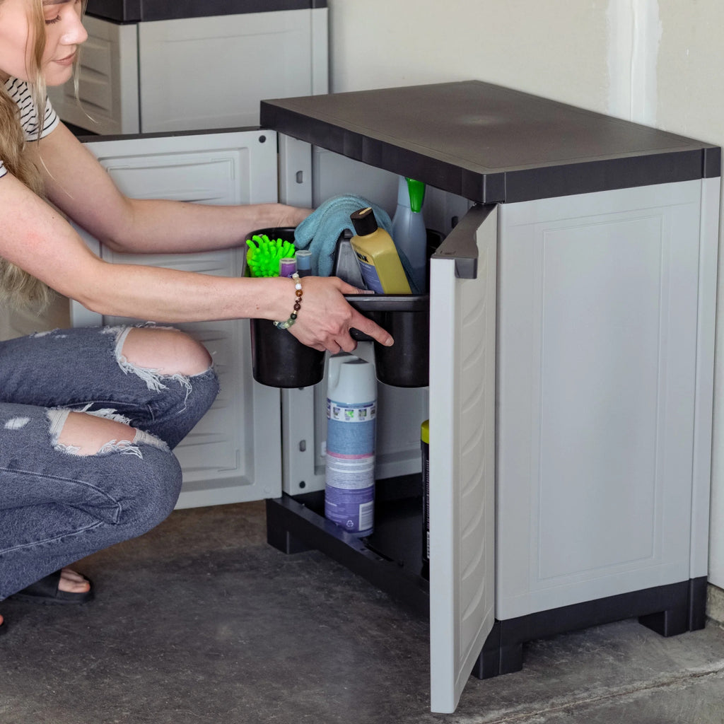 Sunnydaze Adjustable 25.5" Plastic 1-Shelf Freestanding Garage Storage Cabinet, Gray w/ Charcoal Trim