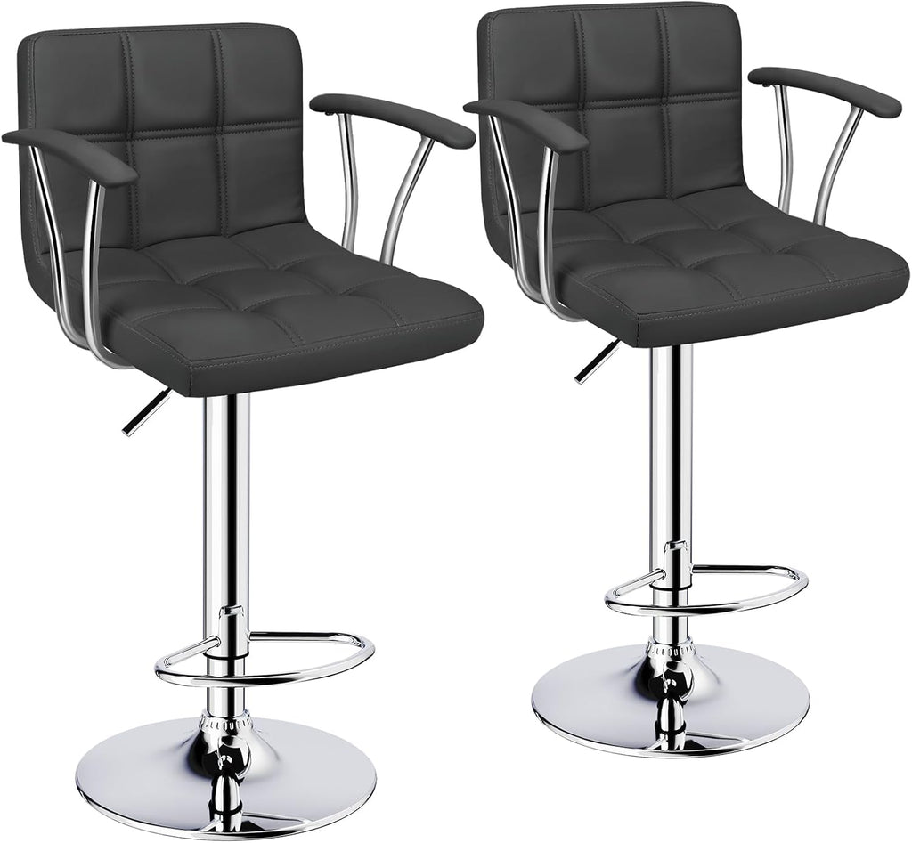 Bar Stools Set of 2, PU Armrest Adjustable Swivel Barstools with Back,Black