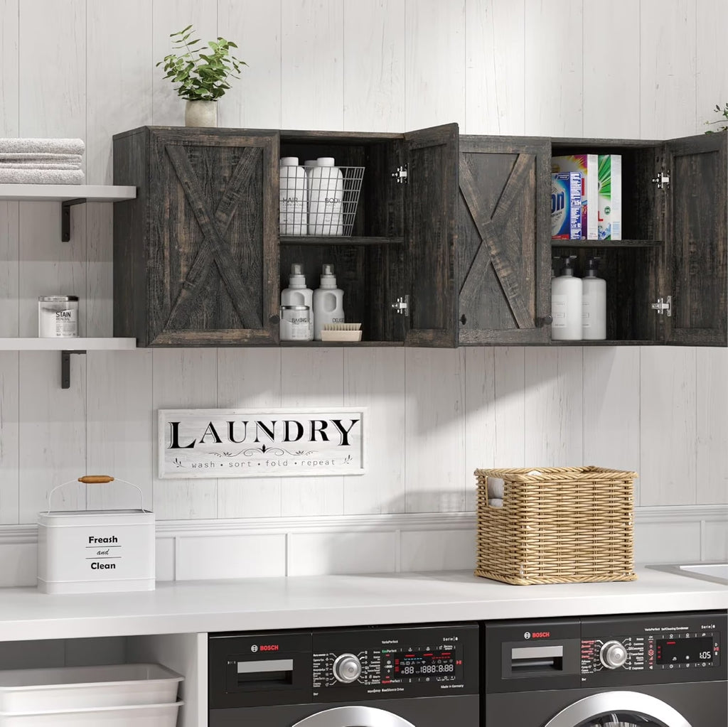 Wall Storage Cabinets - Farmhouse Kitchen Laundry White Wall Mounted Cabinets with 3 Doors and Shelves, 35inch Wide
