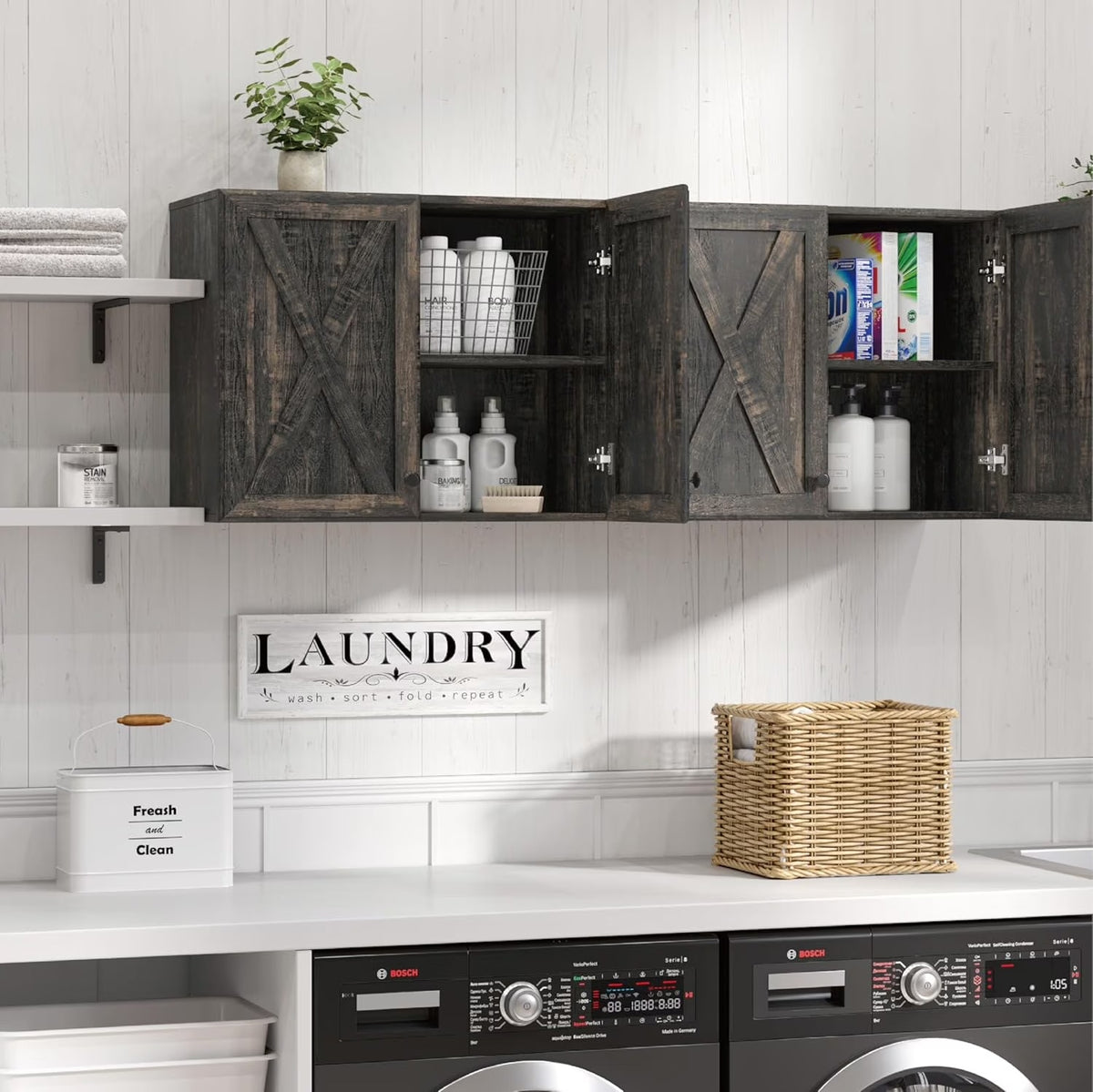 Wall Storage Cabinets - Farmhouse Kitchen Laundry White Wall Mounted Cabinets with 3 Doors and Shelves, 35inch Wide