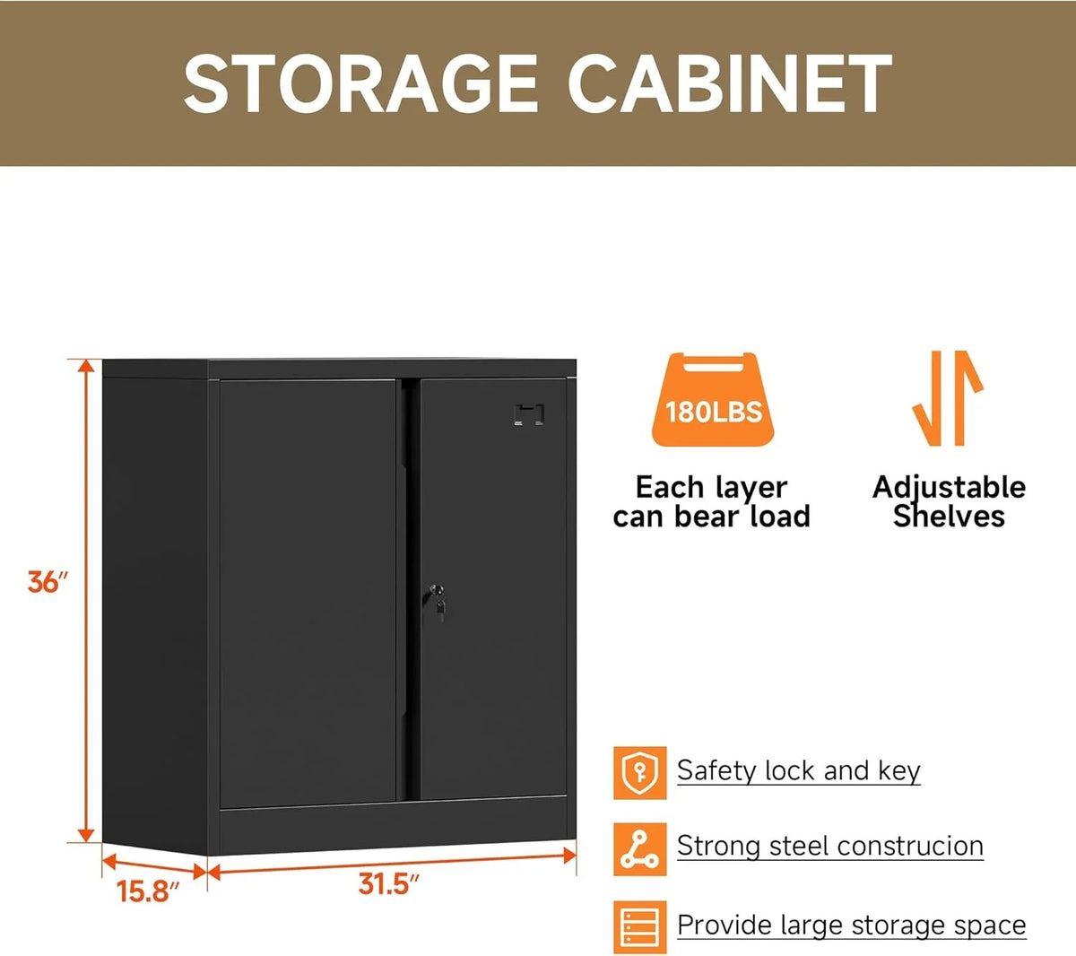 Metal Storage Cabinet, Garage Storage Cabinet with Doors and 2 Adjustable Shelves, 36" White Metal Cabinet, Locking Cabinet for Home,Garage,Office,School