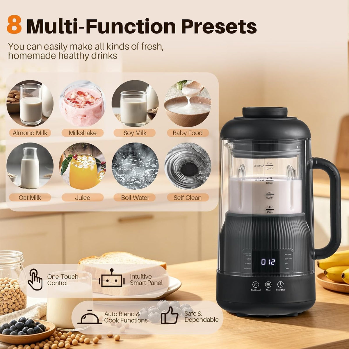 8-in-1 Nut Milk Maker with Silent Shield 12H Delay Start/Keep Warm 35oz
