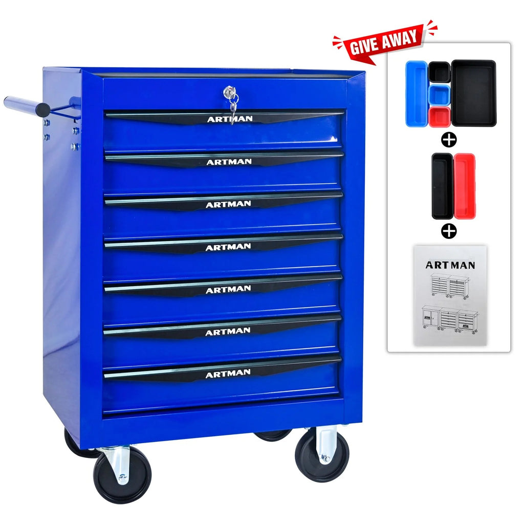 FARONZE Rolling Metal Tool Chest with 7 Drawers, 20" Steel Storage Cabinet with Ball Bearing Slides, Black and Blue Finish