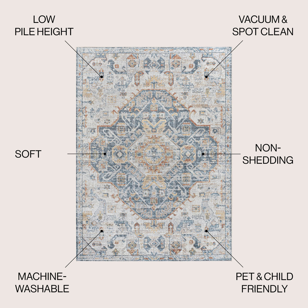 Bohemian Medallion Low-Pile Machine-Washable Area Rug, Cream and Terra