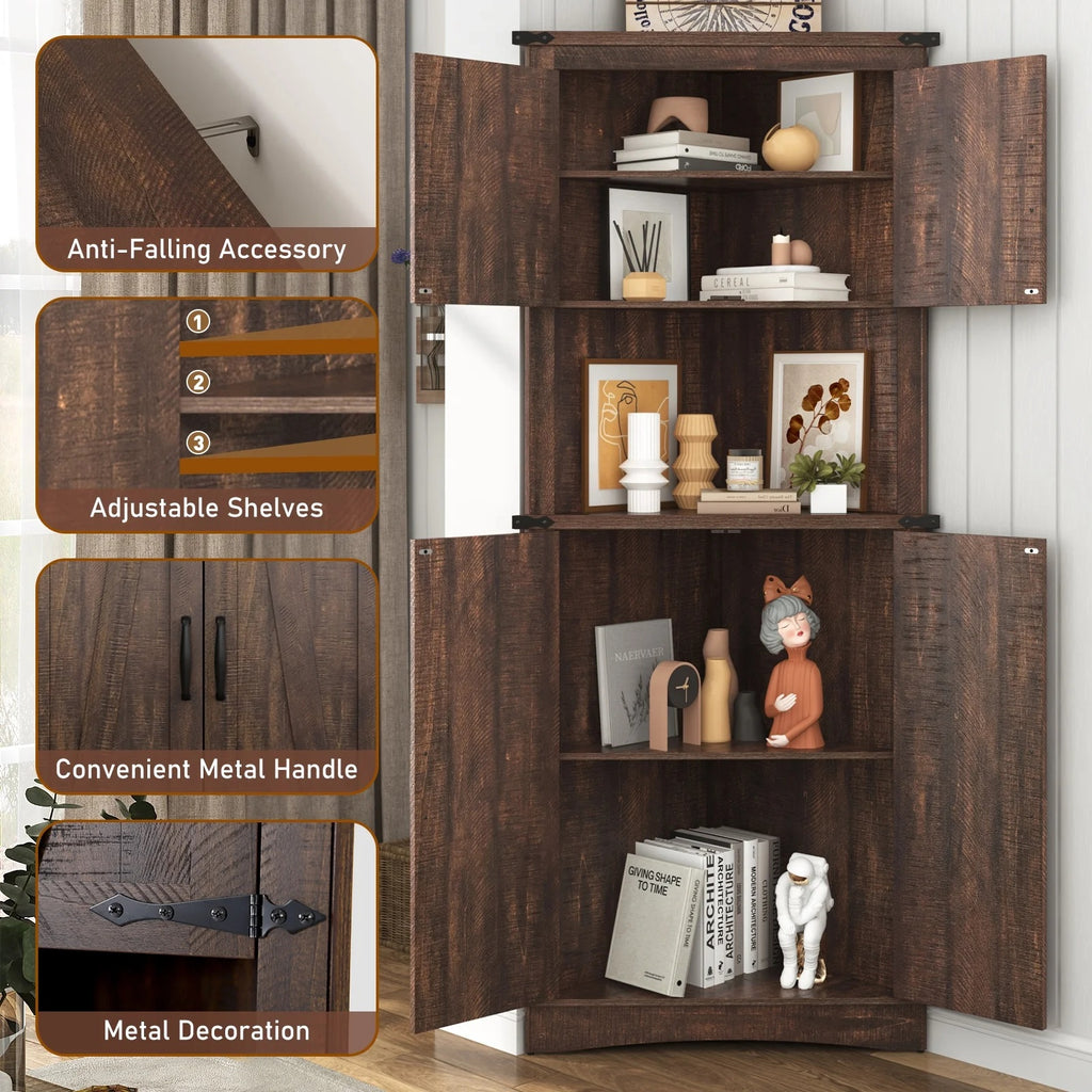 Blotout 68" Tall Farmhouse Corner Cabinet with 4 Doors, 28.3" W Barn Door Storage Cabinet with Adjustable Shelves, 5 Tier Corner Storage Cabinet for Bathroom,Living Room,Kitchen